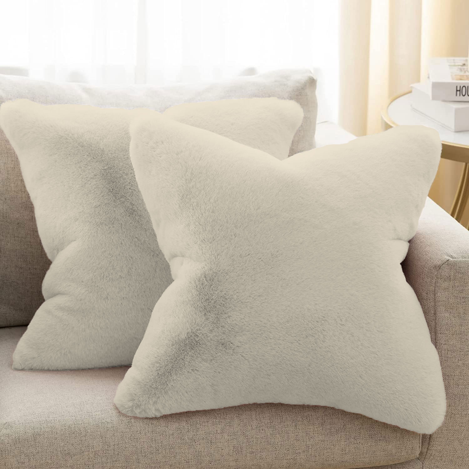 LUXE HOME INTERNATIONAL Luxe Home Cushion Cover Rebbit Fur Sold Design Ultra Soft for Home Decor, Sofa, Bedroom, Fernituer, Living Room Set of 2 ( 16"x16", Beige ) - Beige