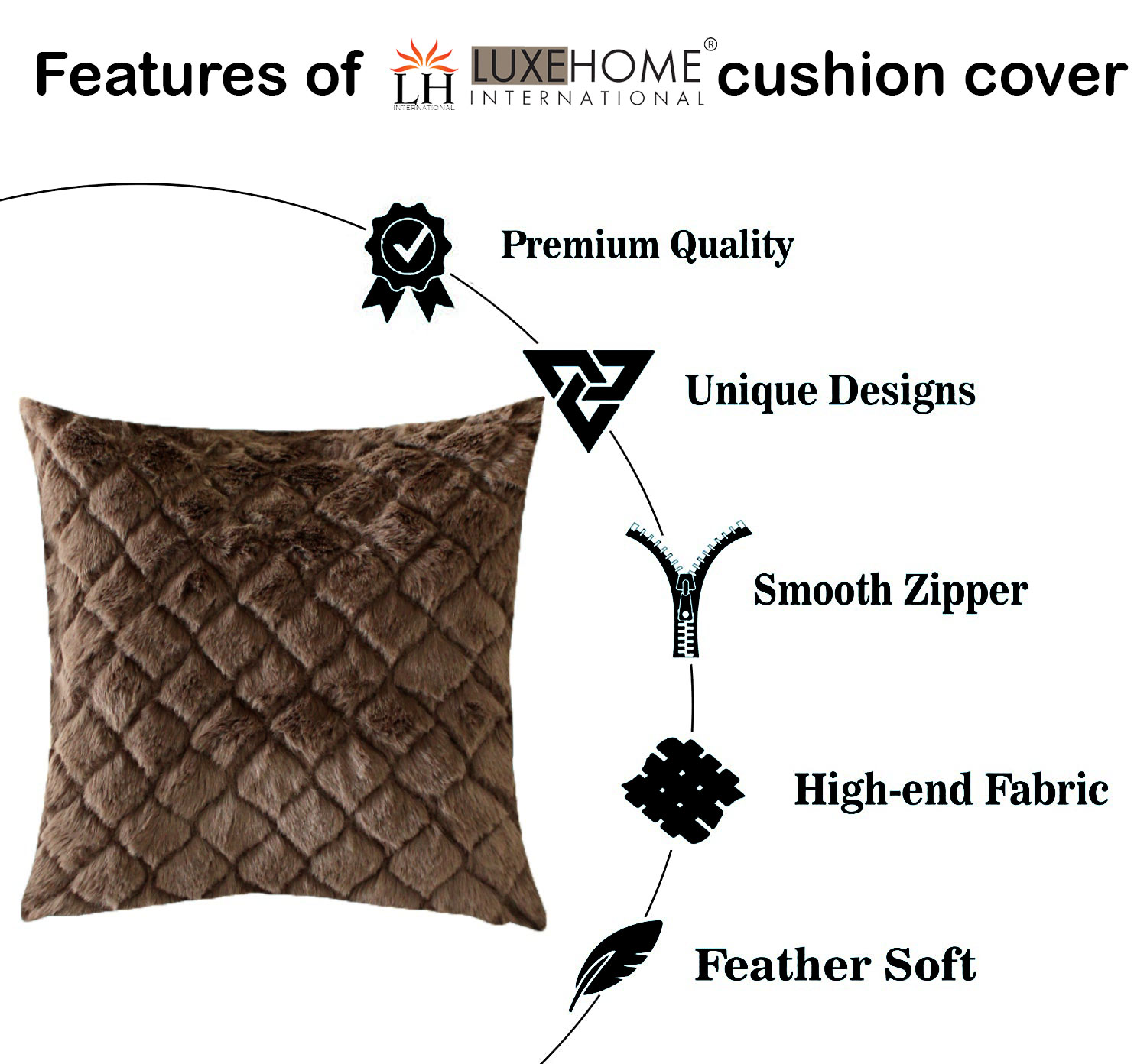 LUXE HOME INTERNATIONAL Rabbit Fur Diamond Design Ultra Soft Cushion Cover Both Side Fur for Home Décor, Sofa, Bedroom, Festival Gifting, Living Room 16x16 Set of 2 - Chcolate