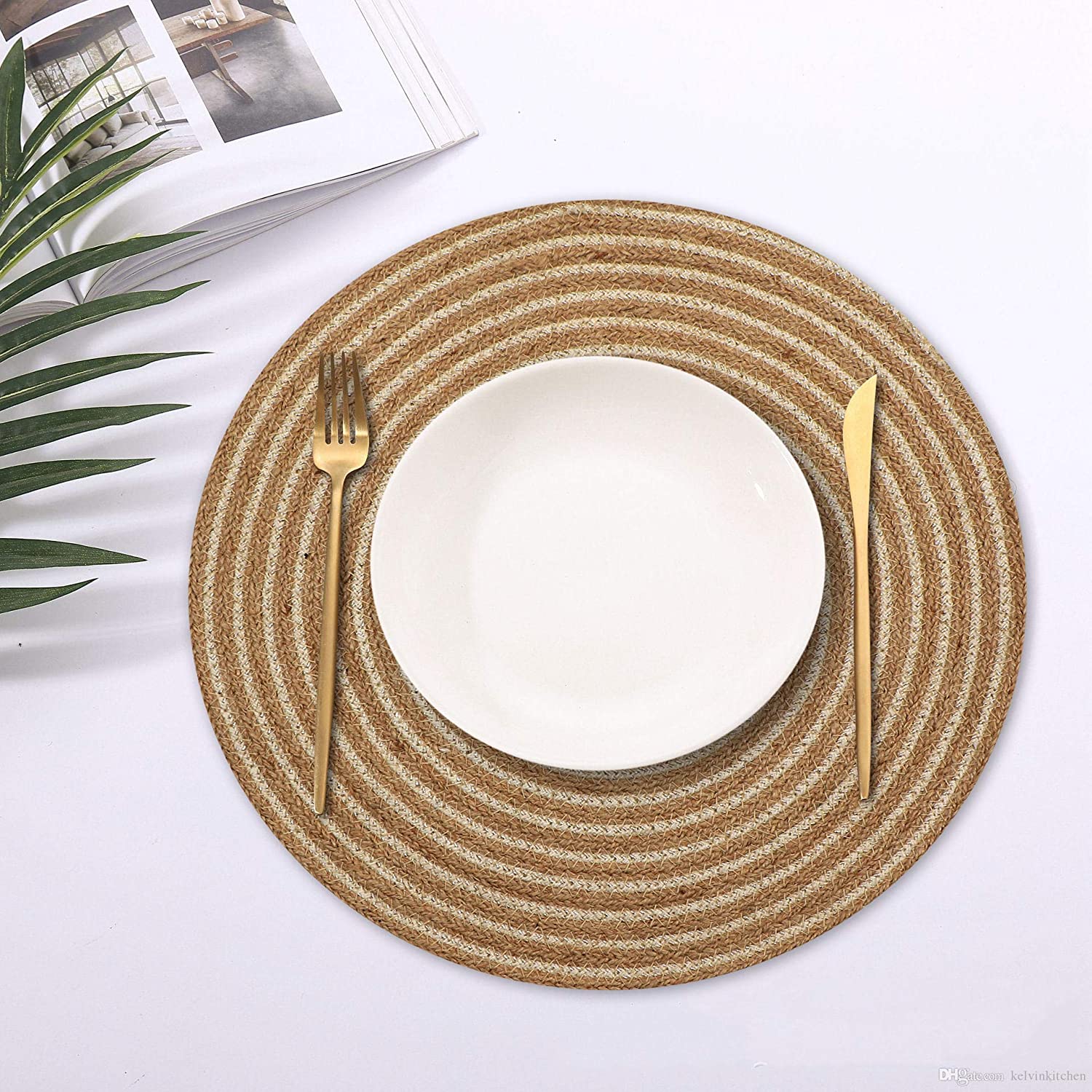 LUXE HOME INTERNATIONAL Set of 2 Braided Jute Cotton placemats, 15 Inch Round, Best for Dining Table (Beige , 38 CM x 38 CM , Pack of 2 ) - Beige