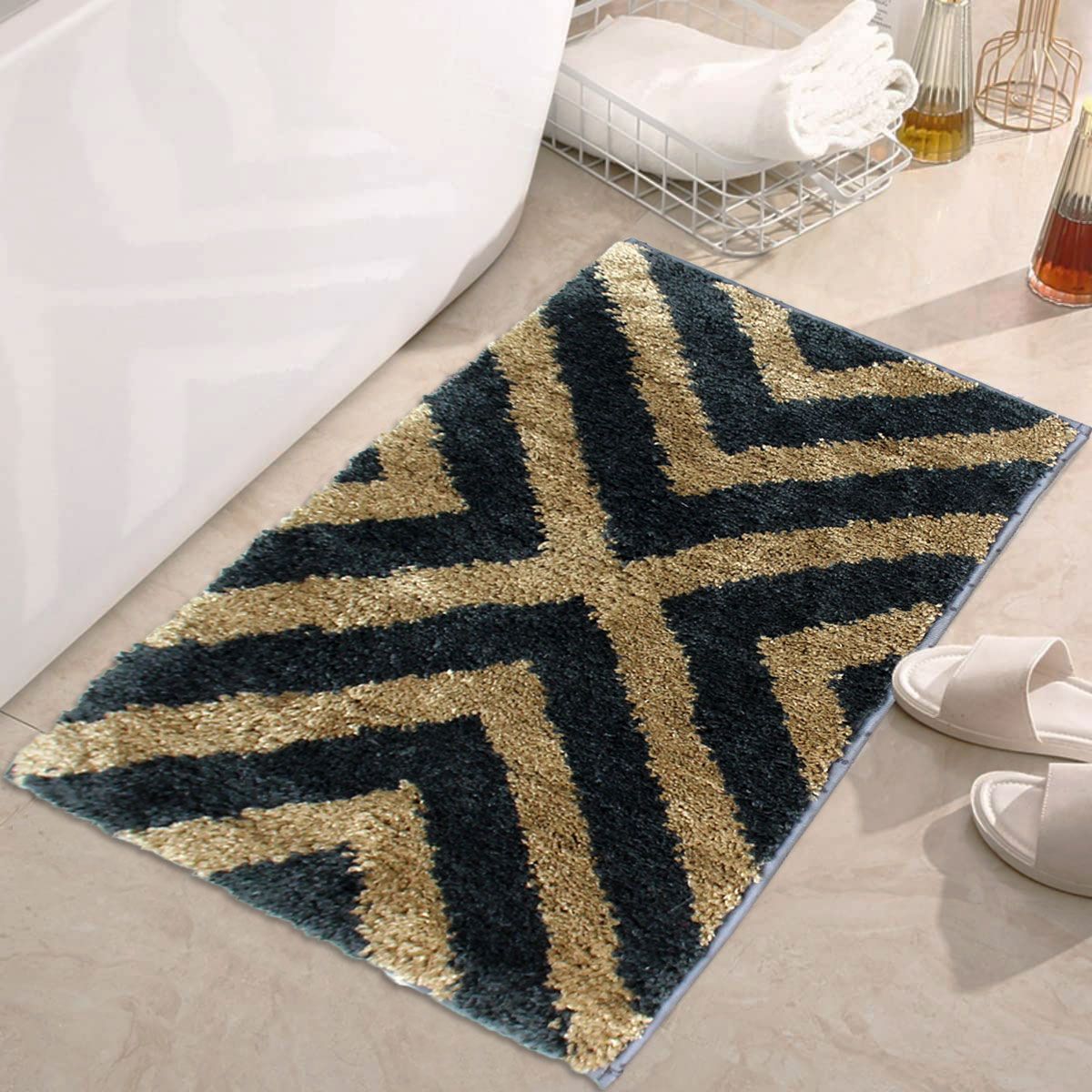 LUXE HOME INTERNATIONAL Tokyo Crosswave Bathmat Microfiber Anti Skid Super Soft 1 Pieces ( Anti Gold, 40 Cm x 60 Cm ) - Anti Gold