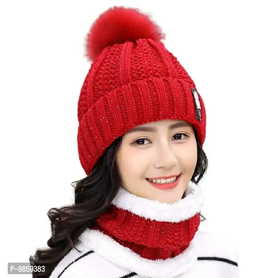 Dressify Winter Knitted Beanies Hats Women Thick Warm Beanie Skullies Hat  Female Knit Letter Beanie Caps Scarf Outdoor Riding Sets Red Color