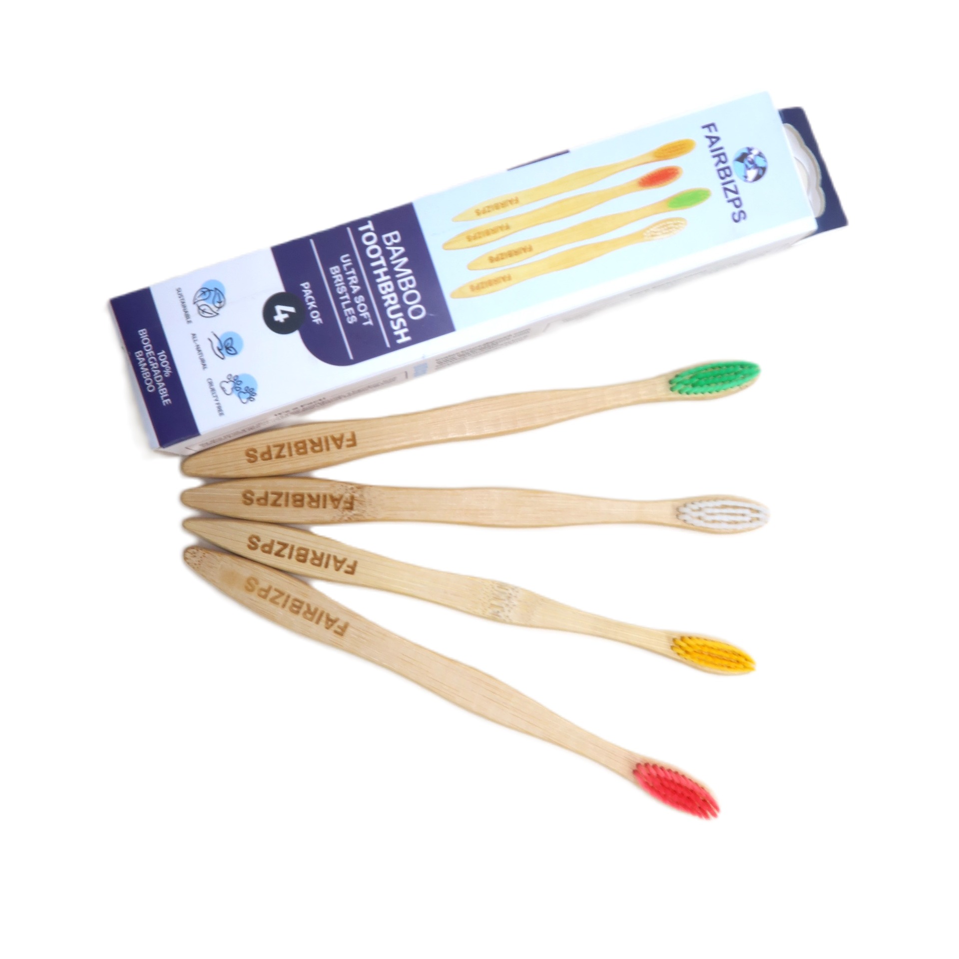 FAIRBIZPS Bamboo Toothbrush Set - Pack of 4, Soft Bristles, BPA-Free, Antibacterial, Biodegradable Handle - Eco-Friendly Oral Care Kit for Kids and Adult - Standard