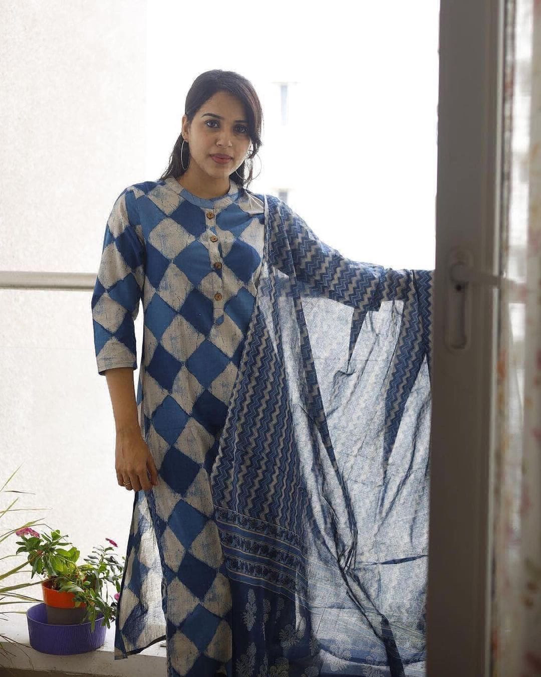 KDJ Cotton Kurta & Pant With Malmal Printed Duppata - M-38