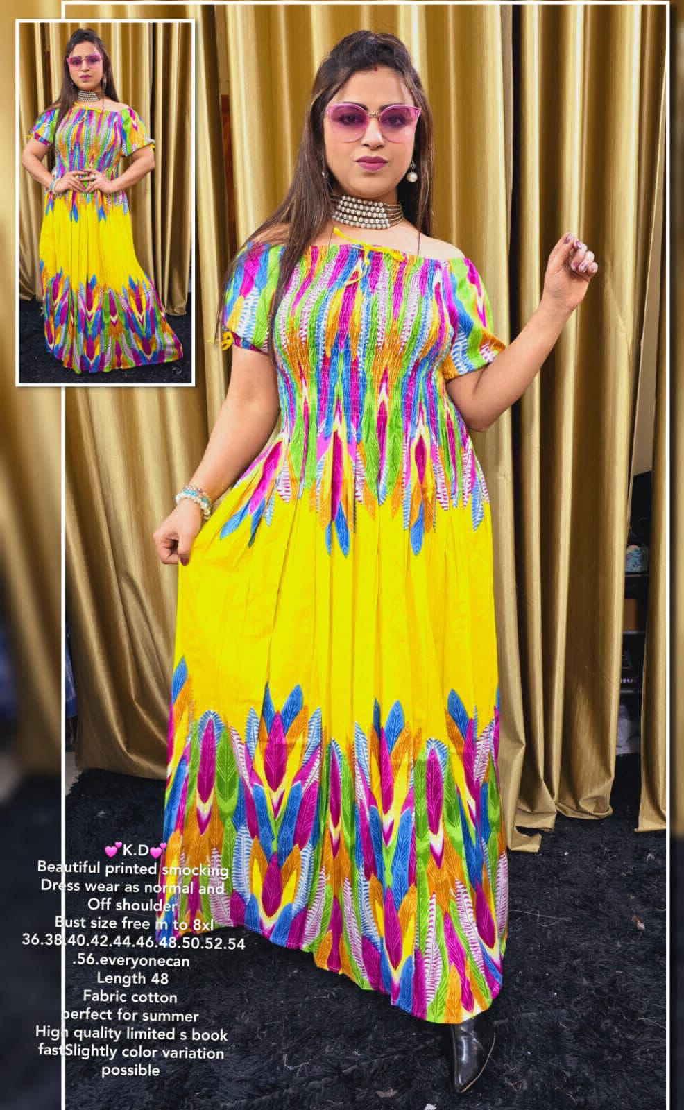 KDC 1060 Beautiful Printed Smooking Dress - Yellow, 6XL-52