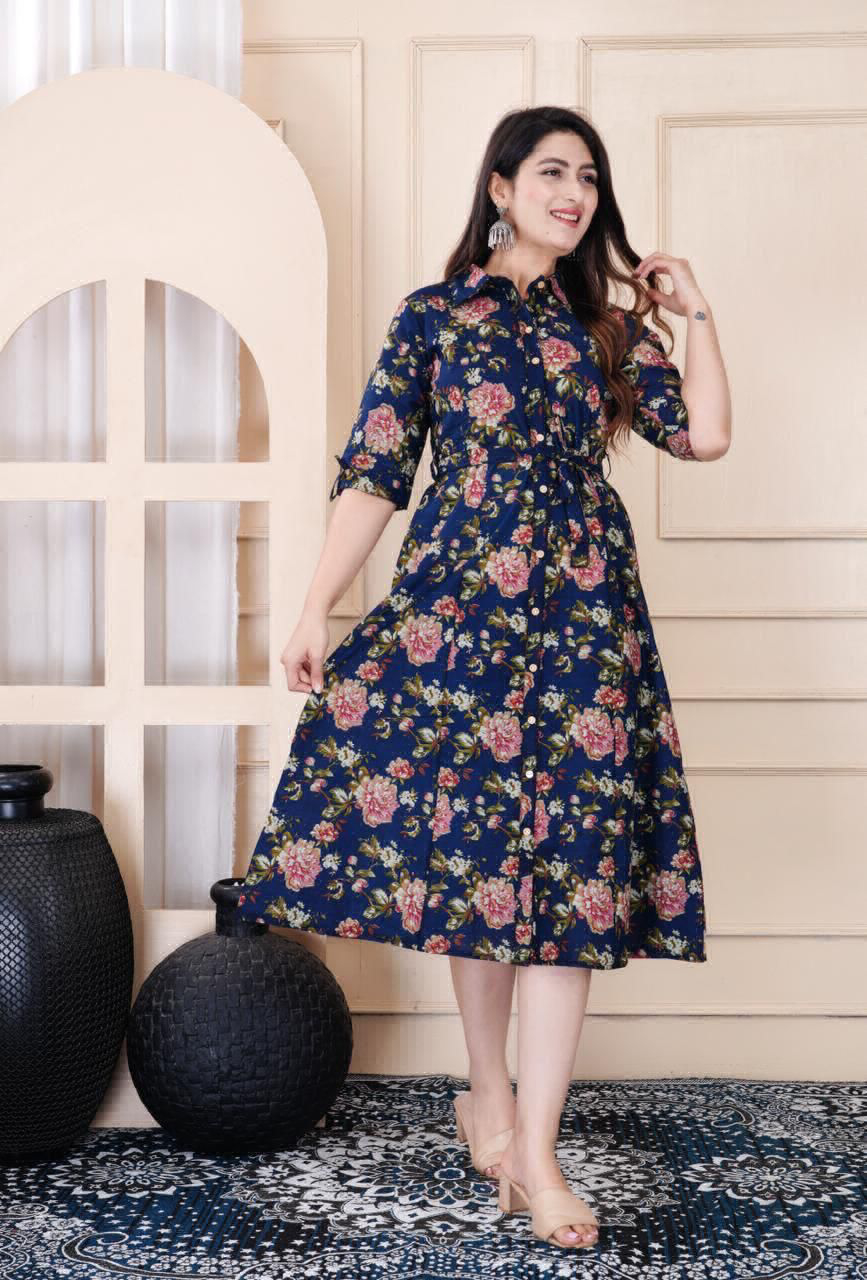 KDJ 1049 Flower Printed Designer Dress - Black, 40-L