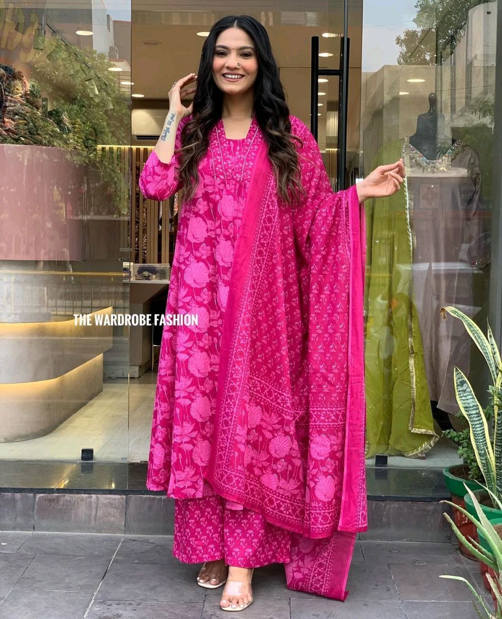 5558 *New Full  anarkali 3pcs Pure cotton Kurti Pant Dupatta  60.60 Set . Kurti with neck embroidery work with pant and dupatta With Floral Print