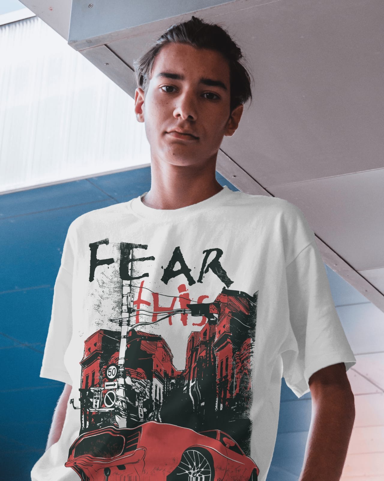 Mens Car Graphic printed white t-shirt , round neck cotton t-shirt