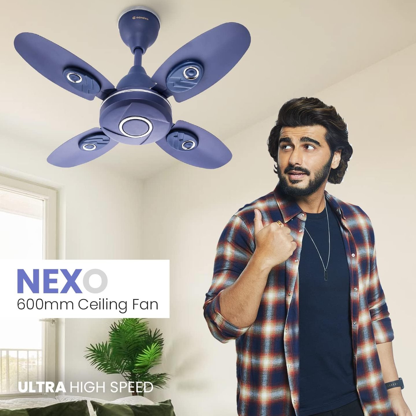 Candes Nexo Ultra High Speed 4 Blade Ceiling Fan, Sweep: 600 mm - Silver Blue