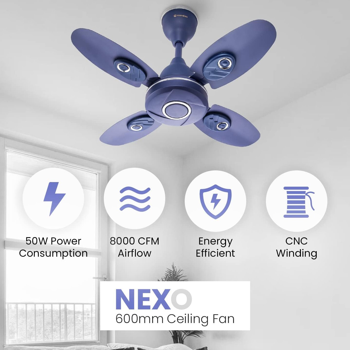 Candes Nexo Ultra High Speed 4 Blade Ceiling Fan, Sweep: 600 mm - Silver Blue