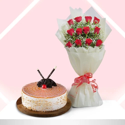 Red Rose Bunch With Butterscotch Cake