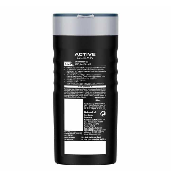 NIVEA Body Wash, Active Clean with Active Charcoal, Body Wash NIVEA Body Wash, Active Clean with Active Charcoal, Shower Gel for Body, Face & Hair (250 ml)