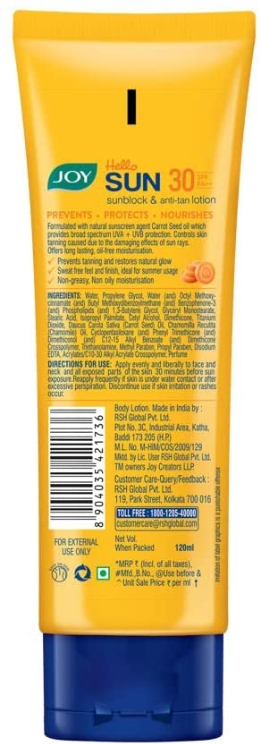 Joy Hello Sun Sunblock and Anti Tan Lotion with UVA + UVB protection, Sunscreen SPF 30 PA++ 120 ml