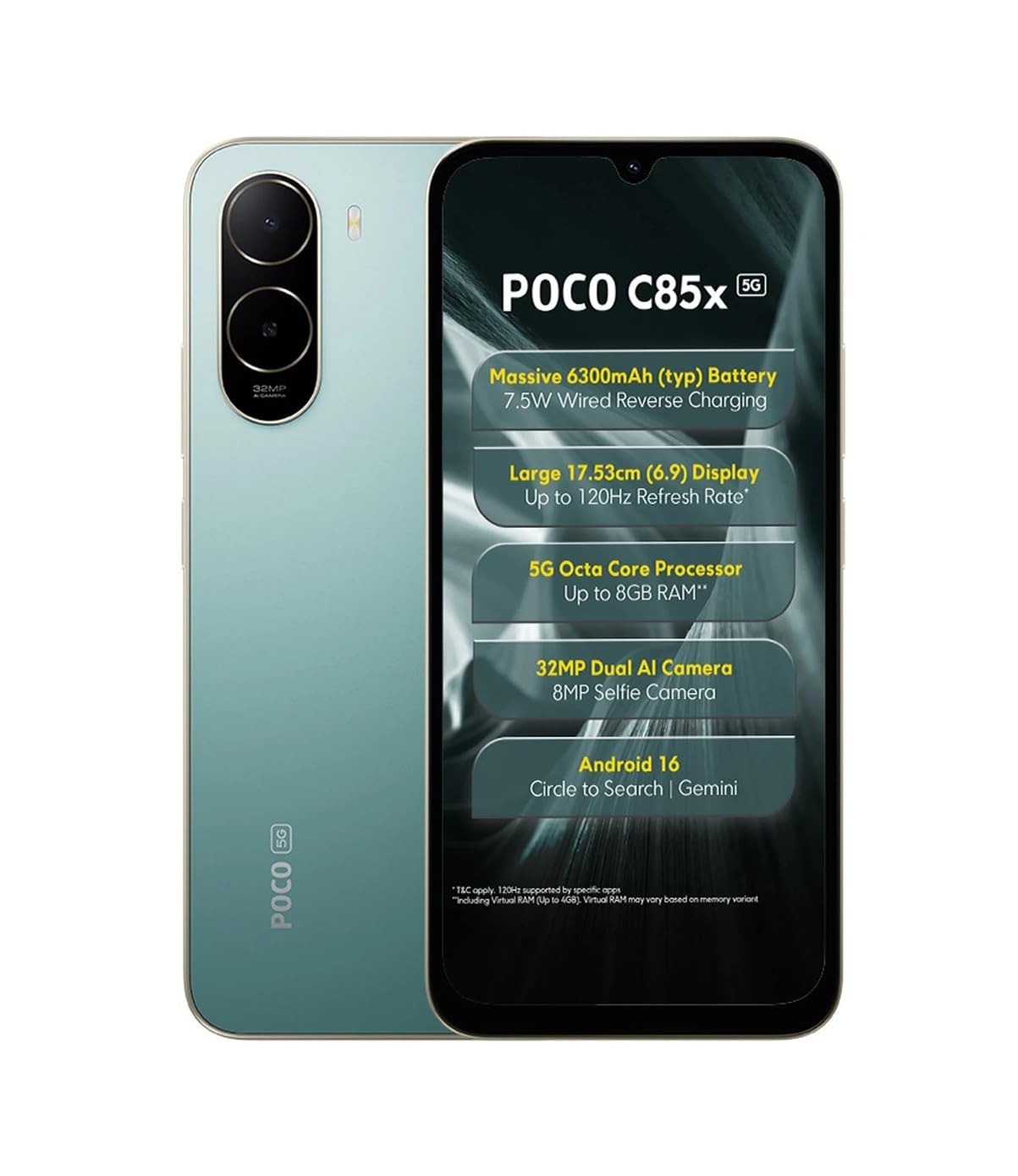 POCO C85X 5G Smartphone, Emerald Green, 4GB RAM, 128GB Storage