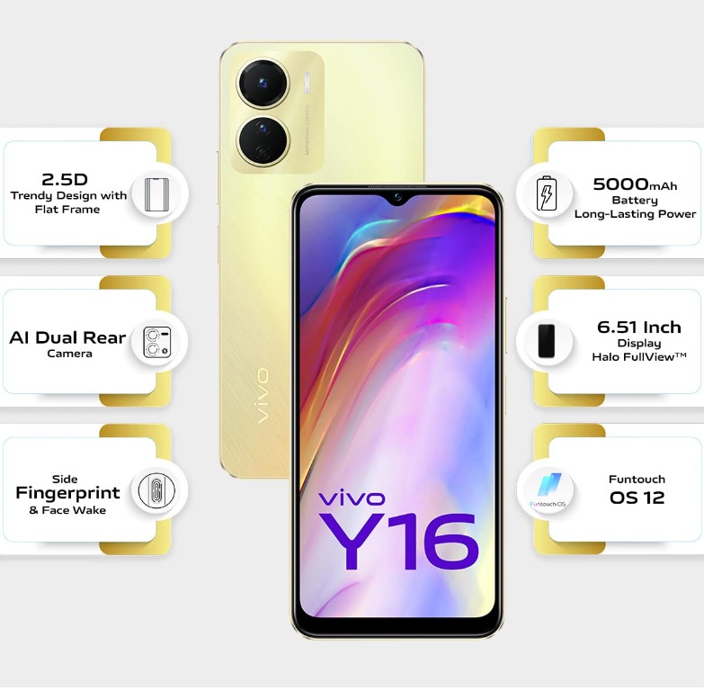 vivo Y16 (Stellar Black, 64 GB)  (4 GB RAM) - Drizzling gold, 4GB-64GB