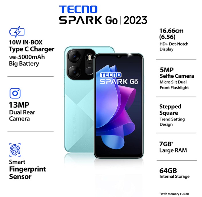 Tecno Spark Go 2023 (UYUNI BLUE, 64 GB)  (3 GB RAM) - uyuni blue, 3GB-64GB