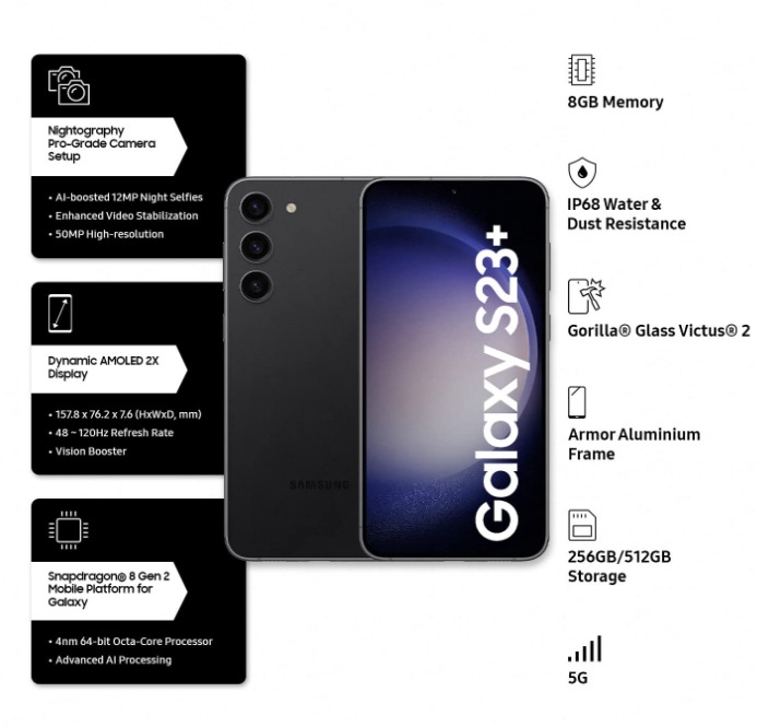 SAMSUNG Galaxy S23 Plus 5G (Phantom Black, 256 GB)  (8 GB RAM) - phantom black, 8GB-256GB