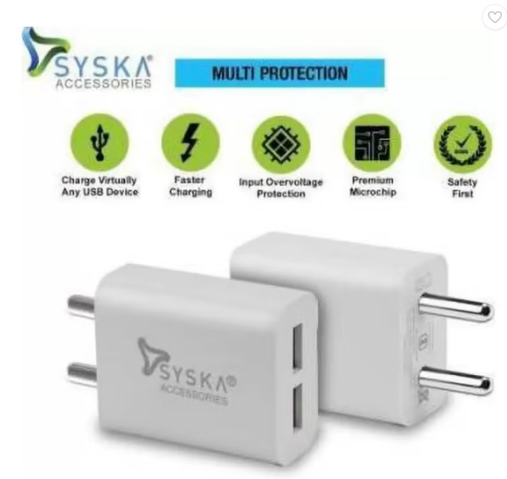 Syska 2.4 A Multiport Mobile TC 2.4AD-WH Charger with Detachable Cable  (White)