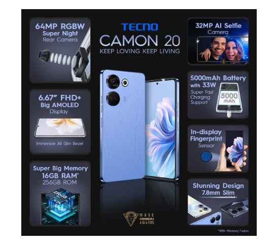 Tecno Camon 20 (Serenity Blue, 256 GB)  (8 GB RAM) - Serenity Blue, 8GB-256GB