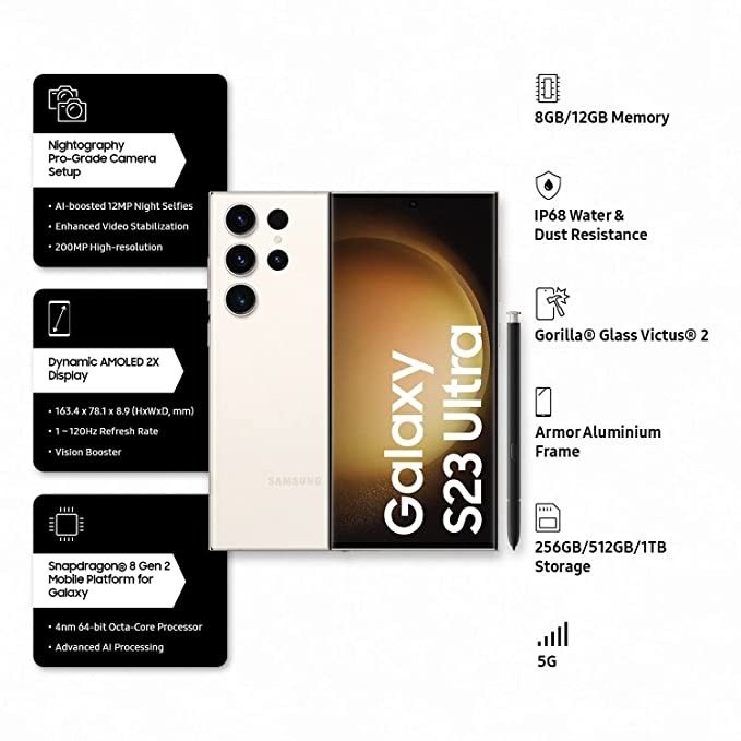 SAMSUNG Galaxy S23 Ultra 5G (Cream, 256 GB)  (12 GB RAM) - WHITE, 12GB-256GB