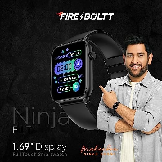Fire-Boltt Ninja Fit Smartwatch Full Touch 1.69 & 120+ Sports Mode - Black, 1.68