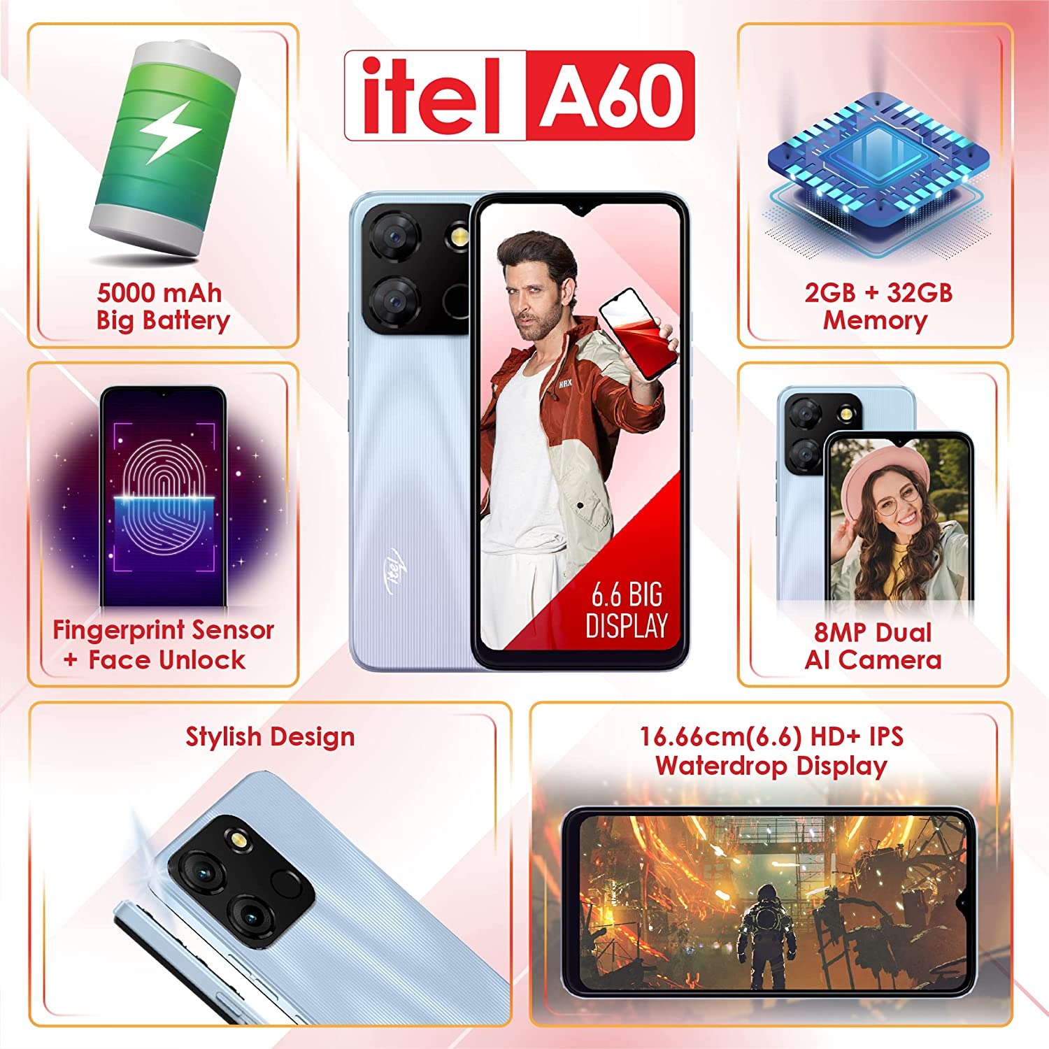 itel A60 (DawnBlue, 32 GB)  (2 GB RAM) - dawn blue, 2GB-32GB