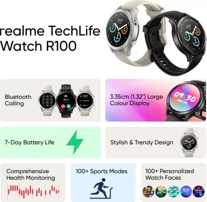 realme TechLife Watch R100 Bluetooth Calling & 1.32inch Metallic Dial Smartwatch  (Black Strap, Free Size) - Black