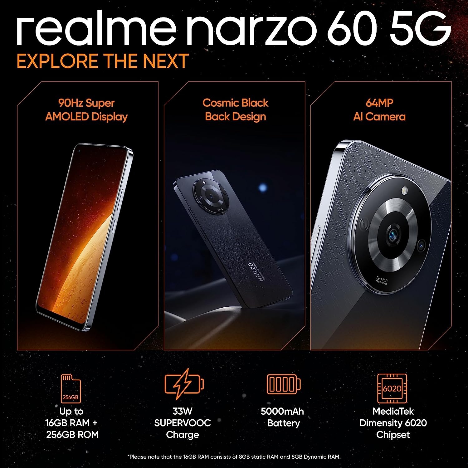 realme narzo 60 5G (Cosmic Black,8GB+256GB) - Cosmic Black, 8GB-256GB