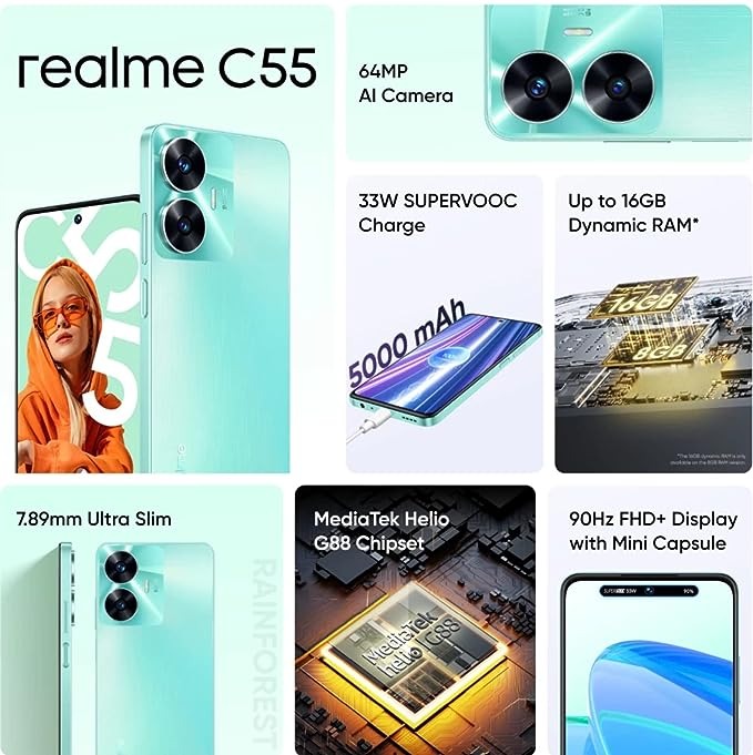 realme C55 (Sunshower, 64 GB)  (4 GB RAM) - Rainforest, 4GB-64GB