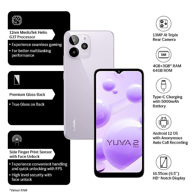 LAVA YUVA 2 PRO (GLASS LAVENDER, 64 GB)  (4 GB RAM) - Lavender Purple, 4GB-64GB