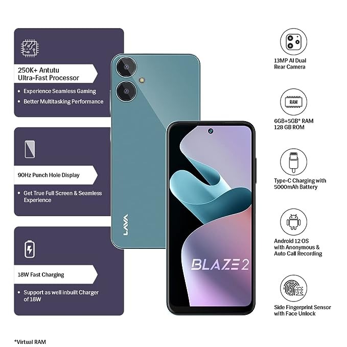 LAVA Blaze 2 (Glass Blue, 128 GB)  (6 GB RAM) - Blue, 6GB-128GB