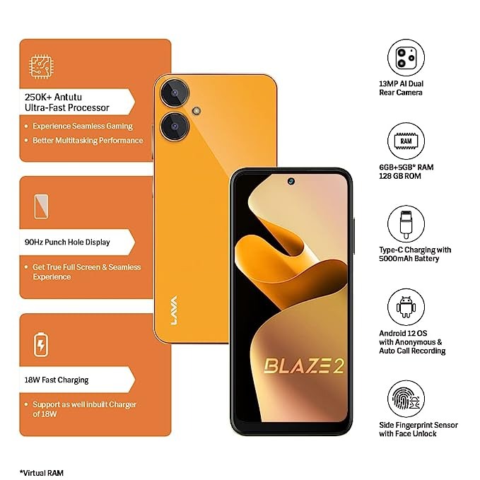 LAVA Blaze 2 (Glass Orange, 128 GB)  (6 GB RAM) - Orange, 6GB-128GB