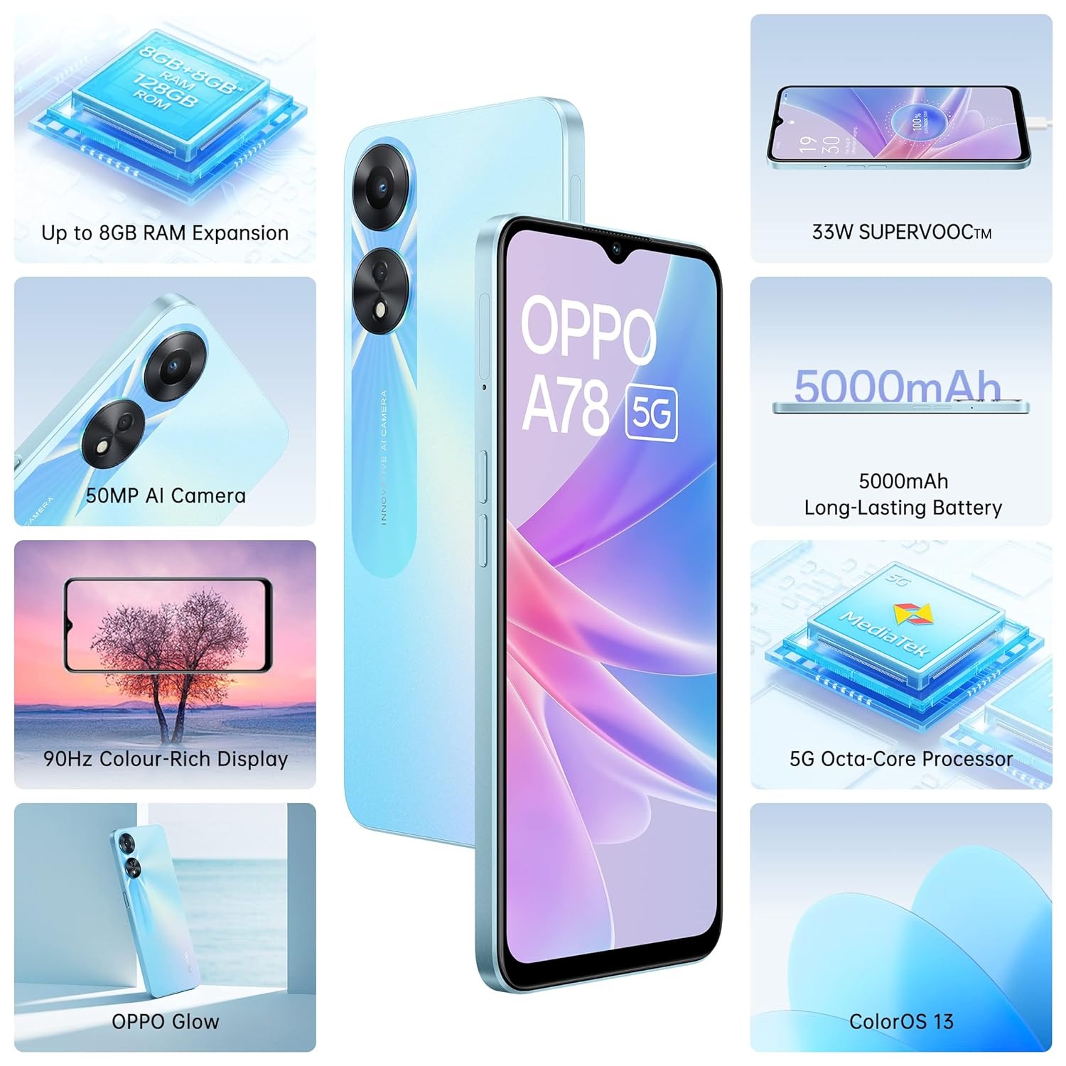 OPPO A78 5G (Glowing Blue, 128 GB)  (8 GB RAM) - BLUE, 8GB-128GB