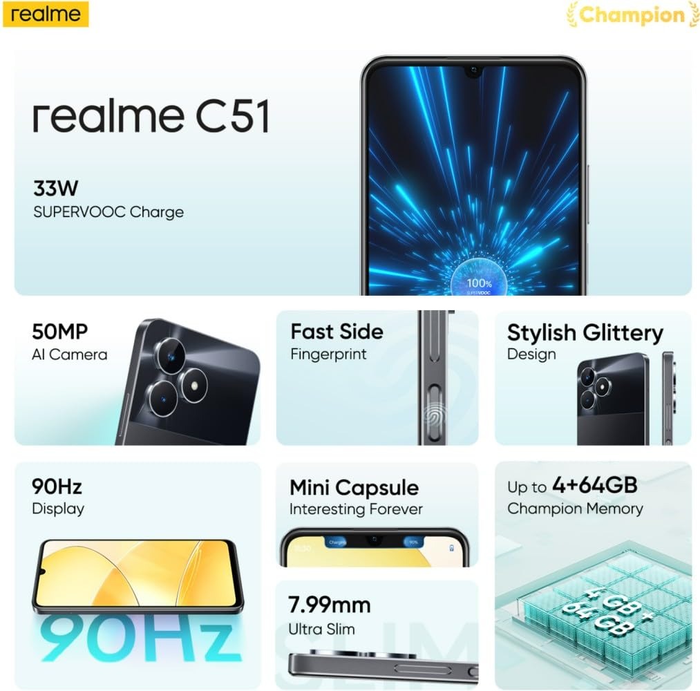 realme C51 (black, 4GB RAM, 64GB Storage) - Black, 4GB-64GB