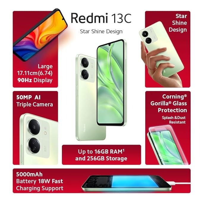 REDMI 13c (Stardust Black, 128 GB)  (4 GB RAM) - Green, 4GB-128GB