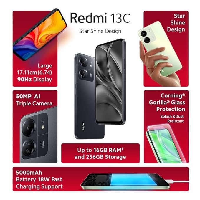 REDMI 13c (Starshine Green, 256 GB)  (8 GB RAM) - Black, 6GB-128GB