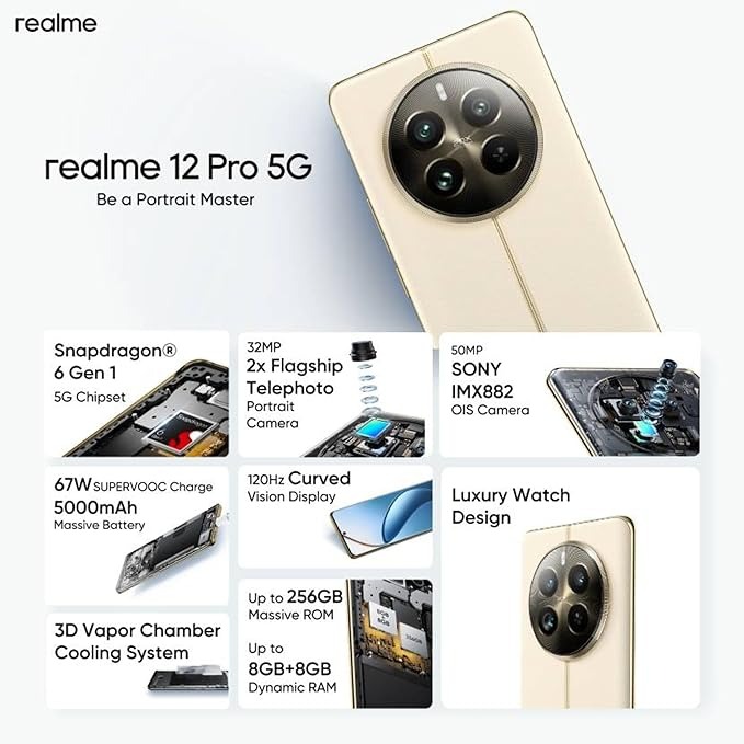 realme 12 Pro 5G (Submarine Blue, 8GB RAM 256 GB Storage) - navigator biege, 8GB-256GB