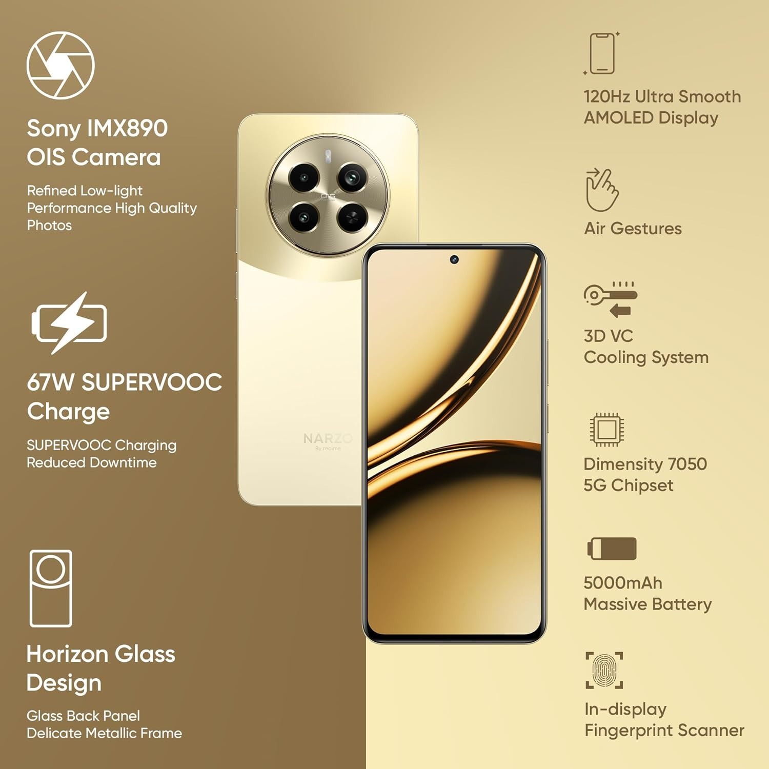 Realme NARZO 70 Pro 5G (gold, 8GB RAM,256GB Storage) - gold, 8GB-256GB