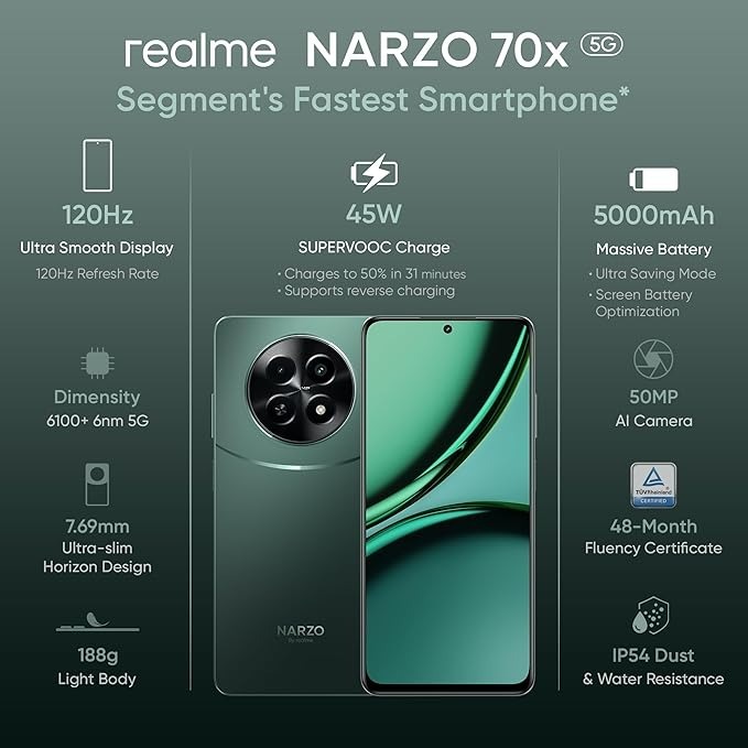 realme NARZO 70x 5G（Forest Green, 4GB RAM,128GB Storage） - forest green, 4GB-128GB