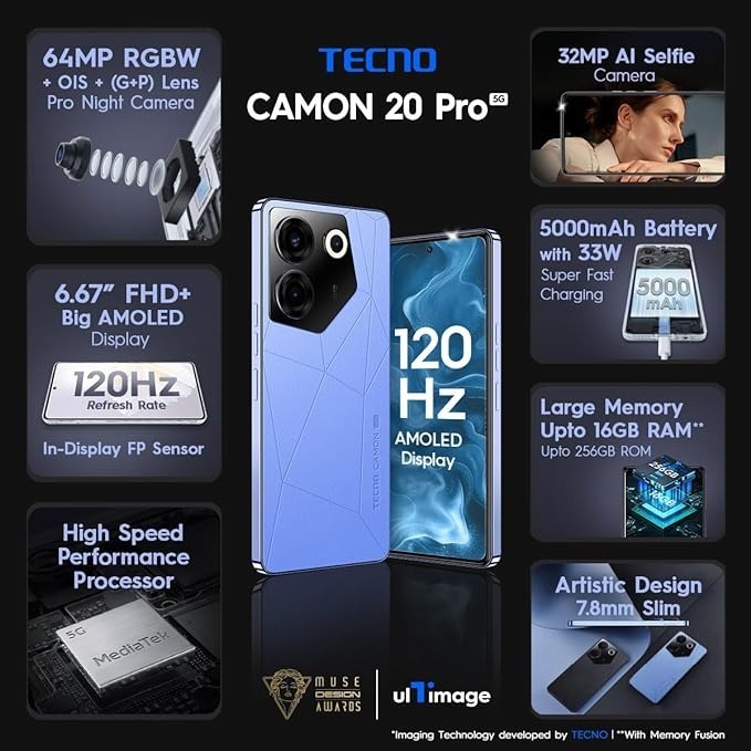 TECNO Camon 20 Pro 5G (blue, 8GB RAM,128GB Storage) - blue, 8GB-256GB