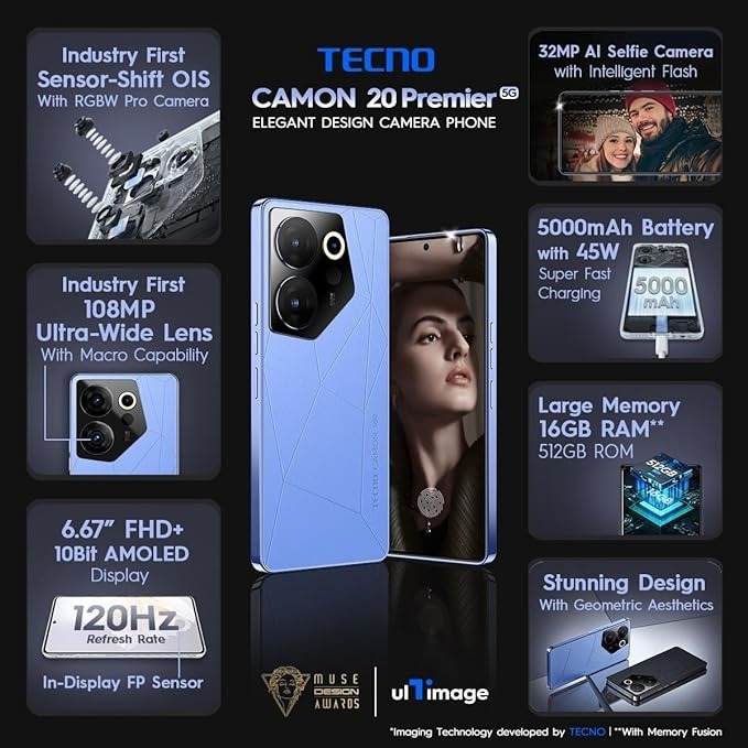 TECNO Camon 20 Premier 5G (Serenity Blue, 8GB RAM,512GB Storage) - blue, 8GB-512GB