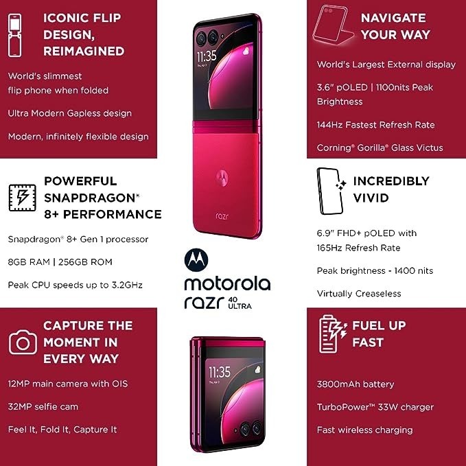 Motorola razr 40 Ultra (Viva Magenta, 8GB RAM, 256GB Storage)  - viva magneta, 8GB-256GB