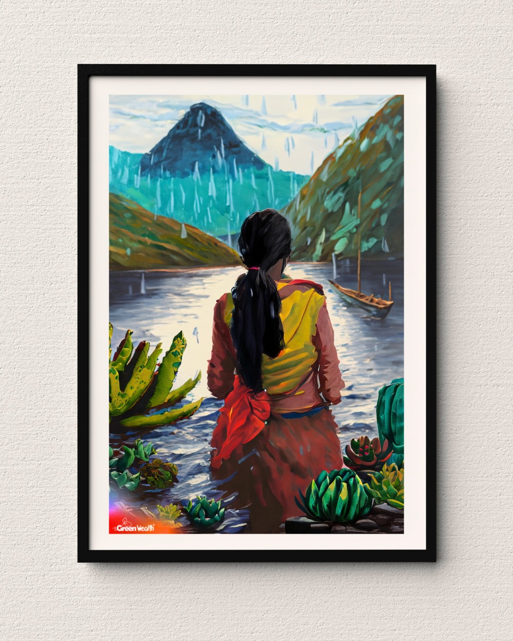 TGW Set Of 2 Indian+boat-lady in the river looking at succulent plants with monstera & mountain in the background & raining art - A3