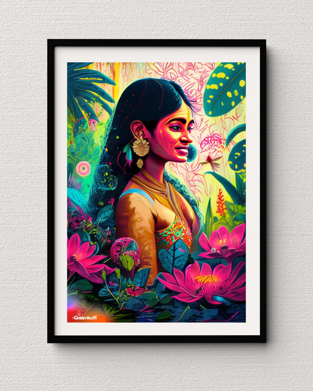 TGW  Indian mother with colorful tropical paradise jungle with golden lily pads and pink flowers - A3