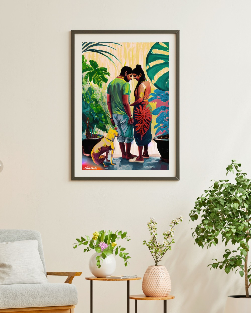 TGW Indian+couple with pet looking at plants with monstera - A2