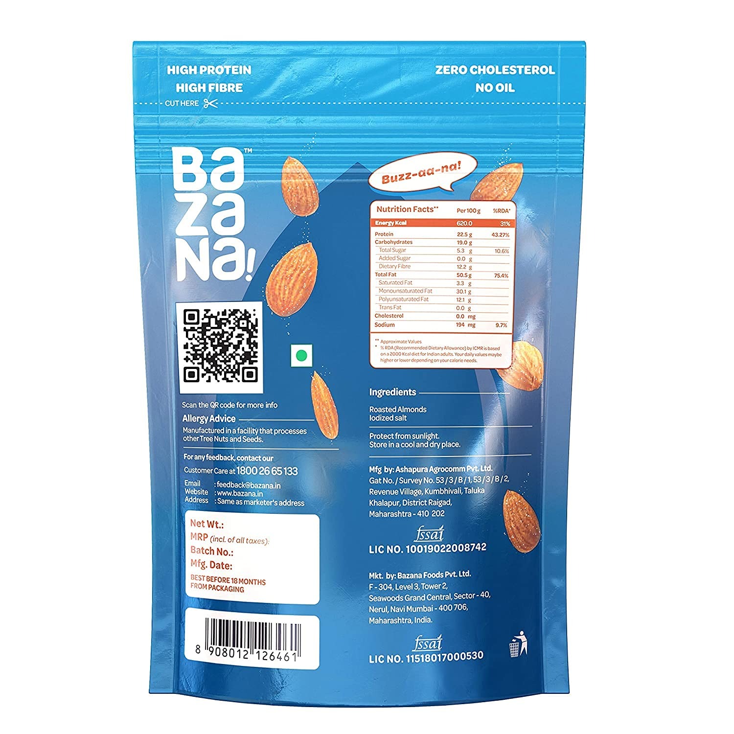 Bazana Delight in the Nutty Goodness of Bazana Roasted Salted Almonds | Healthy, Flavorful California Almonds | Zero Oil Roasted Snack | 1 Pack, 190g - 