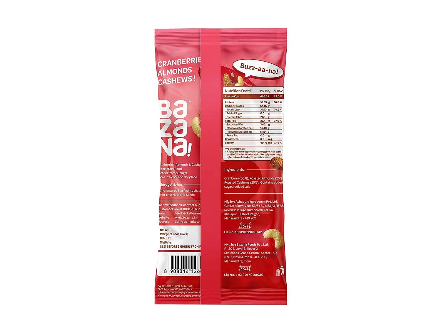 Bazana Cranberry Fusion Trail Mix Snacks: Healthy and Tasty Mixed Dry Fruits - 15 Packs, 15g Each - 15x15x14cm