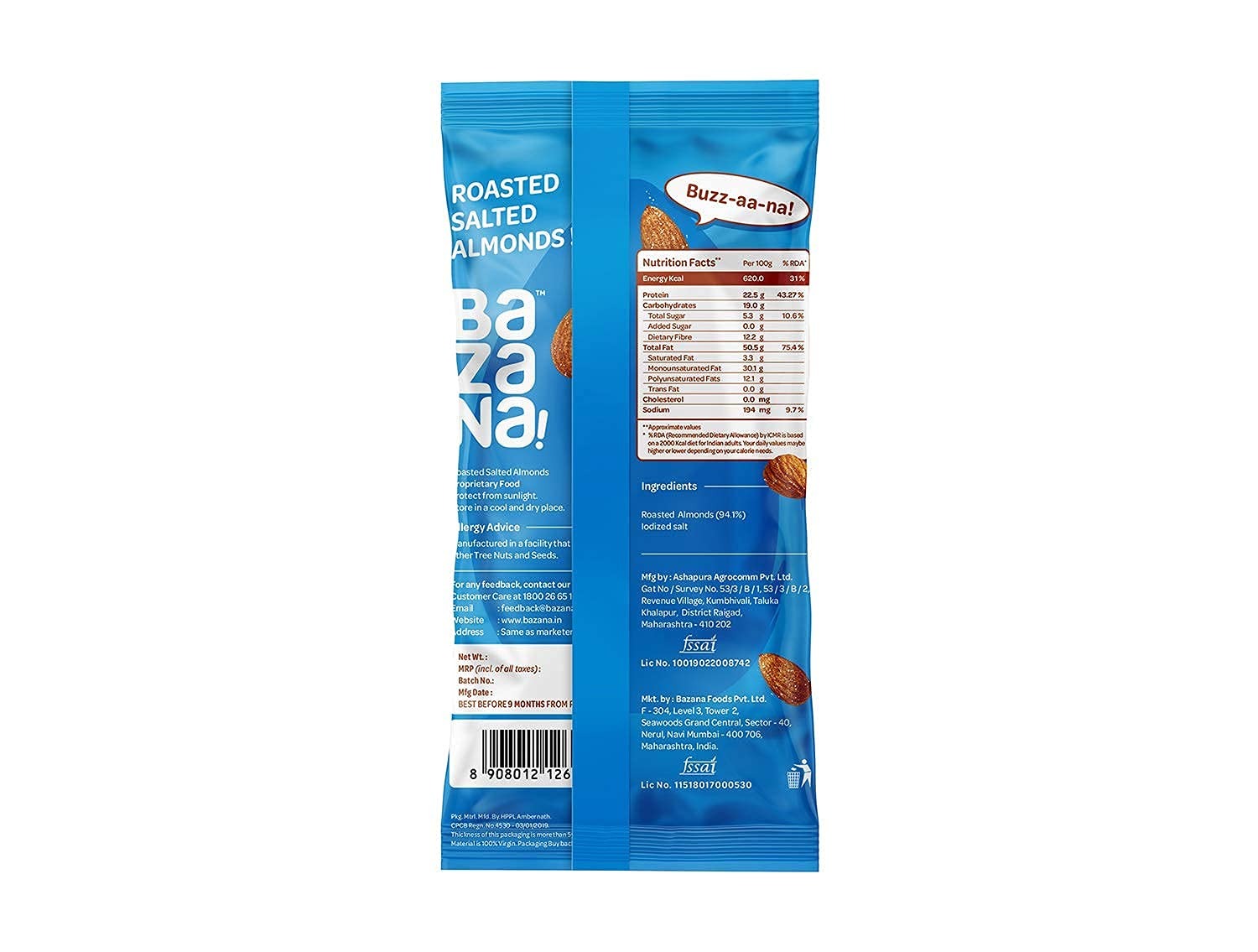 Bazana Roasted Salted Almonds: Healthy Roasted Snack with Roasted Dry Fruits - 15 Packs, 15g Each - 15x15x14cm
