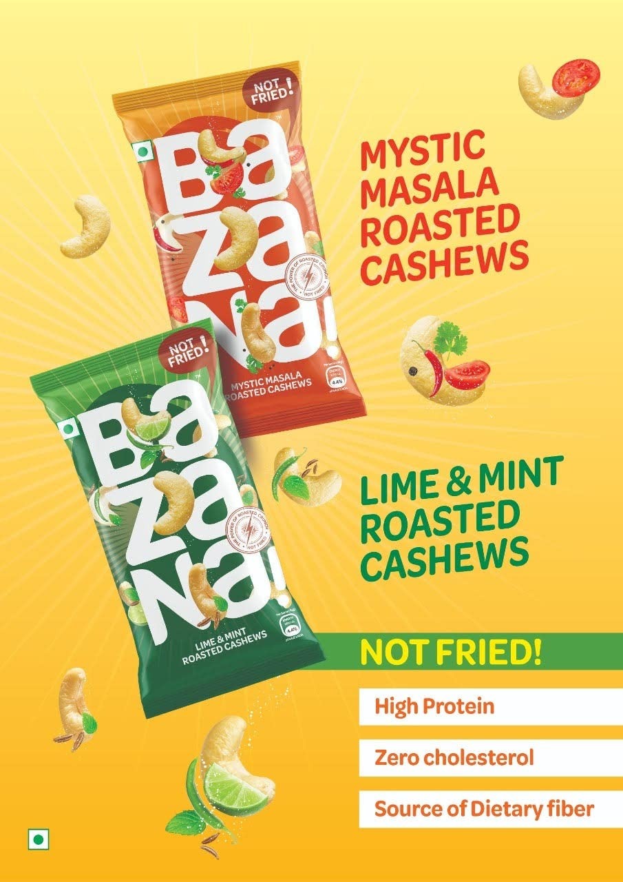 Bazana Lime & Mint and Mystic Masala Roasted Cashews - Pack of 24 | Delicious Flavored Snack | 15g Per Pack | 360g Total Weight - 15x15x14