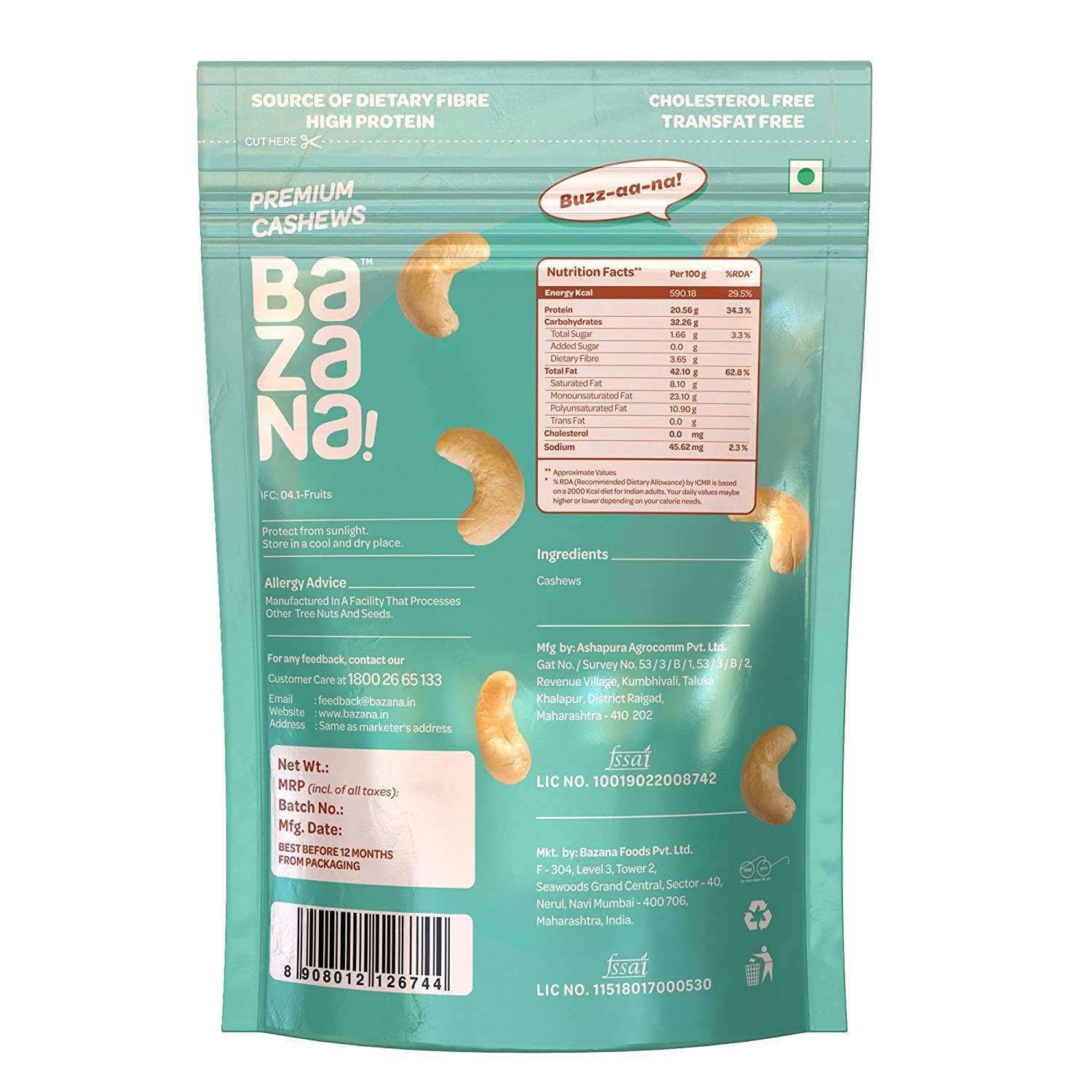 Bazana Premium Raw Whole W340 Cashew - 200Grams x 2 pack of Nutty Goodness for Snacking and Cooking