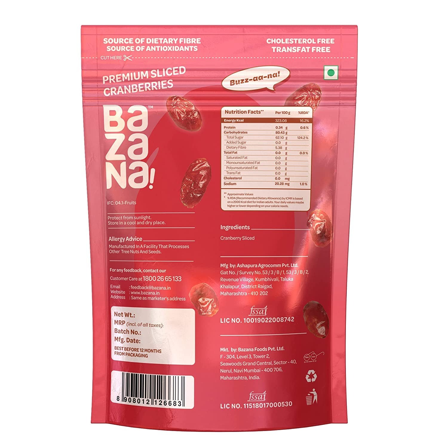 Bazana Premium Natural Dried Sliced Cranberries - Nutritious Snack, Antioxidant-Rich, 200g x 2 packs